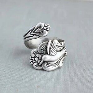 Boho Flower and Hummingbird Adjustable Spoon Ring #1357